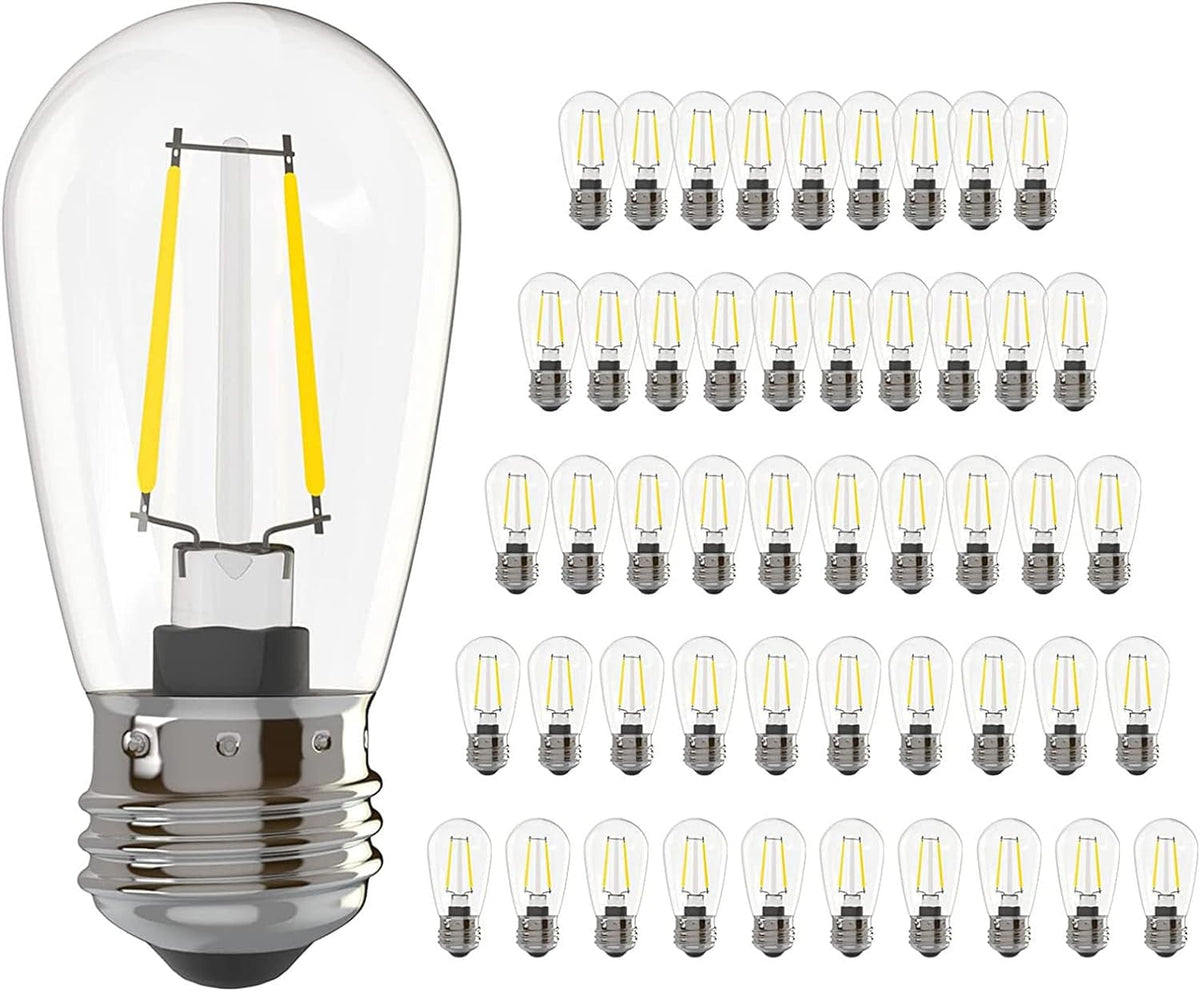Banord 50 Pack Dimmable 2W S14 Replacement LED Bulbs, 2700K Warm White Waterproof Outdoor String Lights, Vintage Filament, Shatterproof E26 Screw Base Edison Light Bulbs