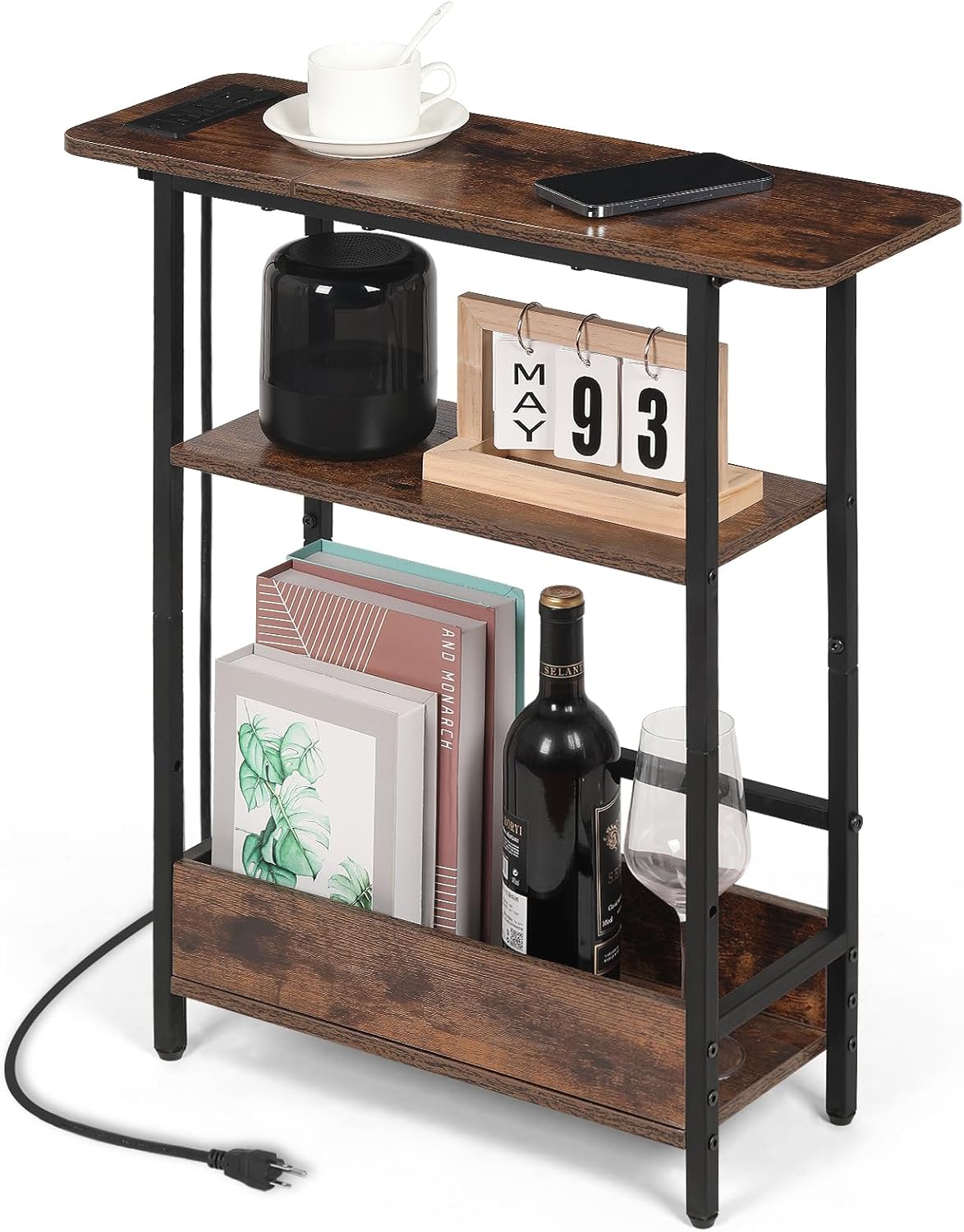 Narrow Sofa Side Table – Charging Station and Storage Shelves