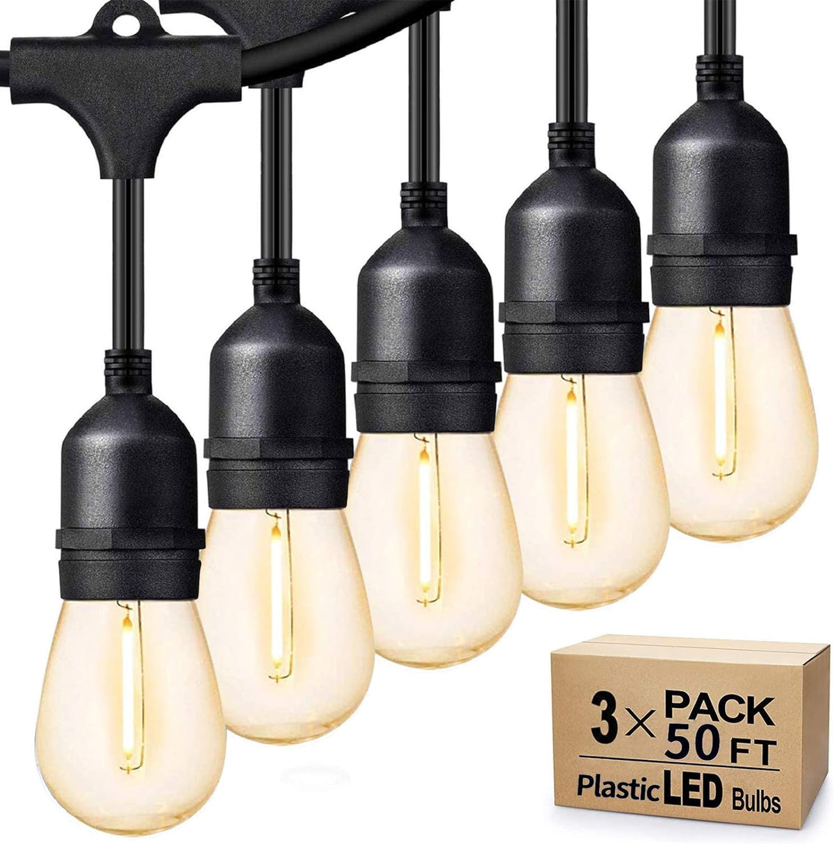 Svater Outdoor String Lights 150FT, E26 Socket, 48pcs S14 Shatterpoof Bulbs, 1 Watt Dimmable 2700K Warm White, IP65 Waterproof Commercial Grade Patio Lights(3 Pack X 50FT)