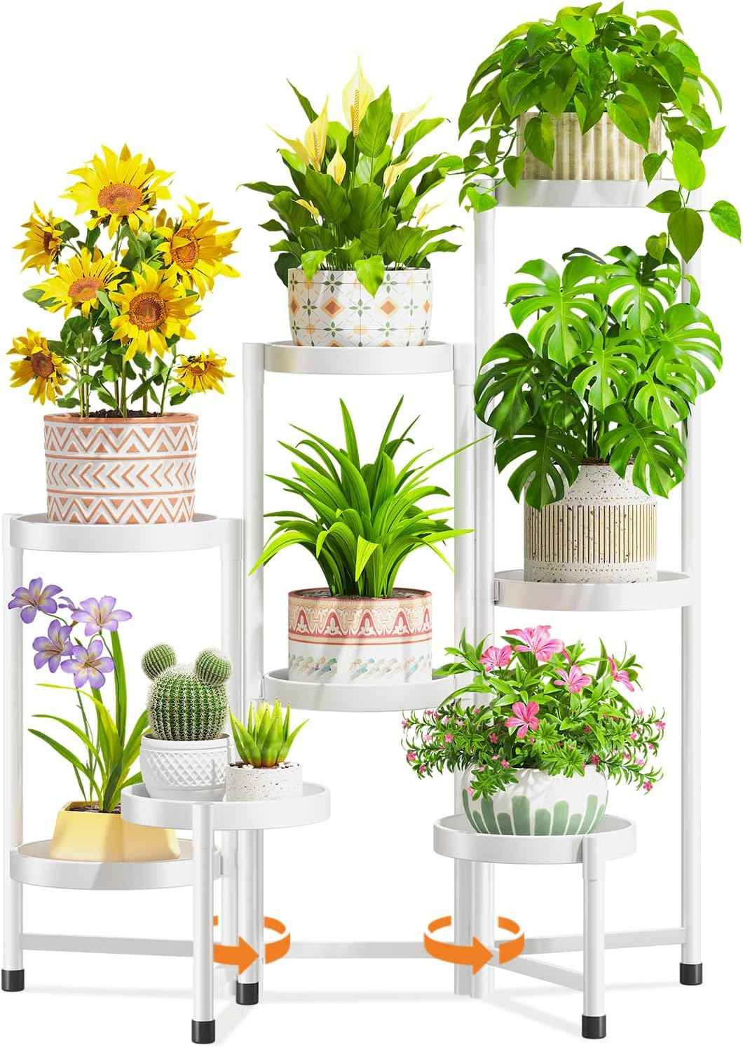 LASZOLA 8 Tiered Folding Plant Stand Indoor for Multiple Large Planter, Tall Heavy Duty Adjustable Rack with Rust Proof 10 Inch Wide Tray, Sturdy Vertical Tree Organizer for Narrow Inside Floor, White