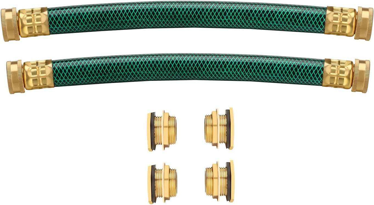 WADEO Rain Barrel Connector Kit Pack of 2, Rain Barrel Linking Kit with Two 12 Inch Hoses and Four Copper Plating Bulkhead Tank Fittings(Green)