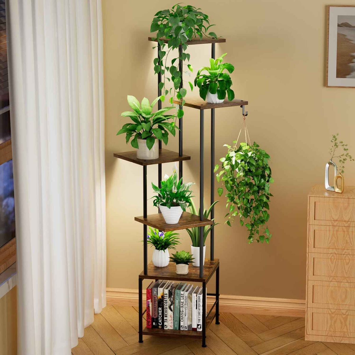 Plant Stand Indoor with Grow Light, 6-Tiered Tall Plant Stand Indoor, Metal Plant Shelf with Hanging Basket Hook and Adjustable Light, Ideal for Living Room, Garden, Patio, (Brown and Black)