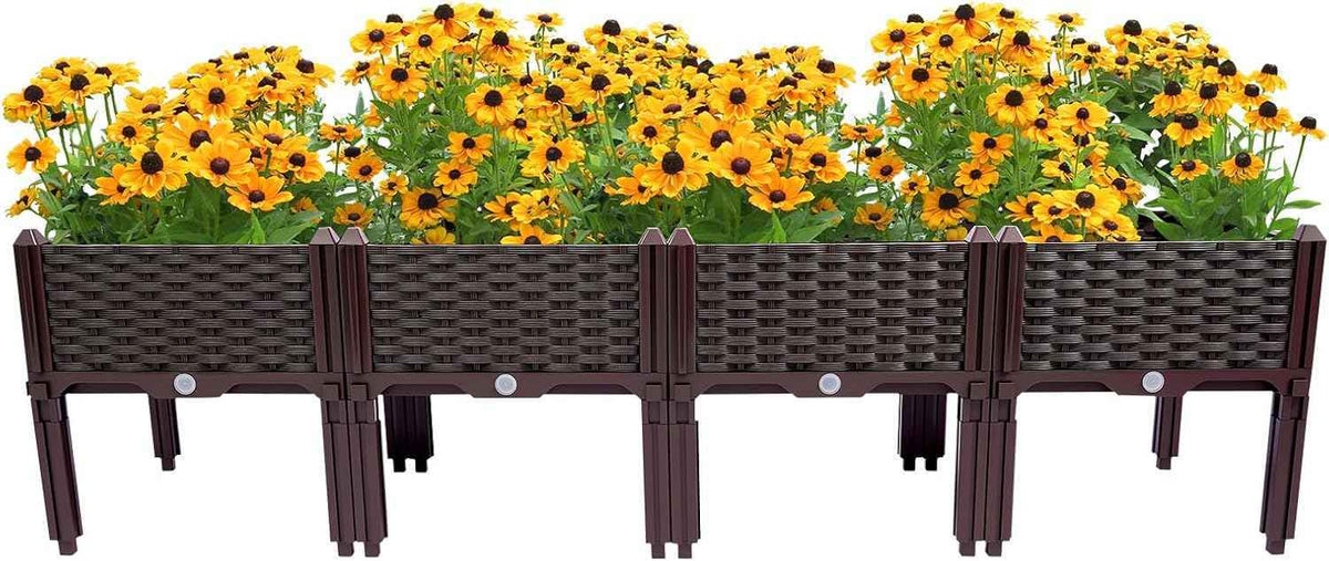 Raised Garden Bed, Elevated Planter Box Plastic Raised Beds with Legs & Drain Holes for Gardening Vegetables Herb Flowers Growing Outdoor, 4 Boxes Brown