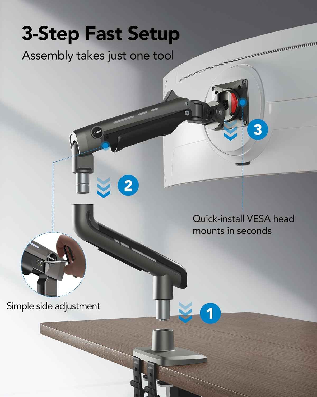 HUANUO TitanLift Heavy Duty Monitor Arm for Screens up to 49", Holds 44 lbs, Aluminum Ultrawide Screen Monitor Mount, Fully Adjustable Single Gaming Desk Mount with Dual C-Clamp, Max VESA 100x100mm