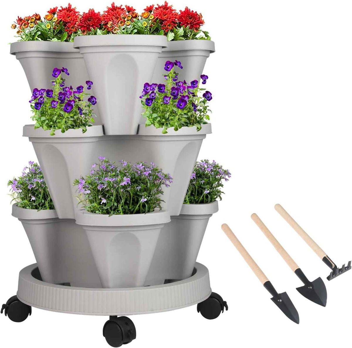 Vertical Planter 3 Tier Stackable Planters Garden Planters Strawberry Herb Flower and Vegetable Planter Indoor Outdoor Gardening Pots with Removable Wheels and Tools