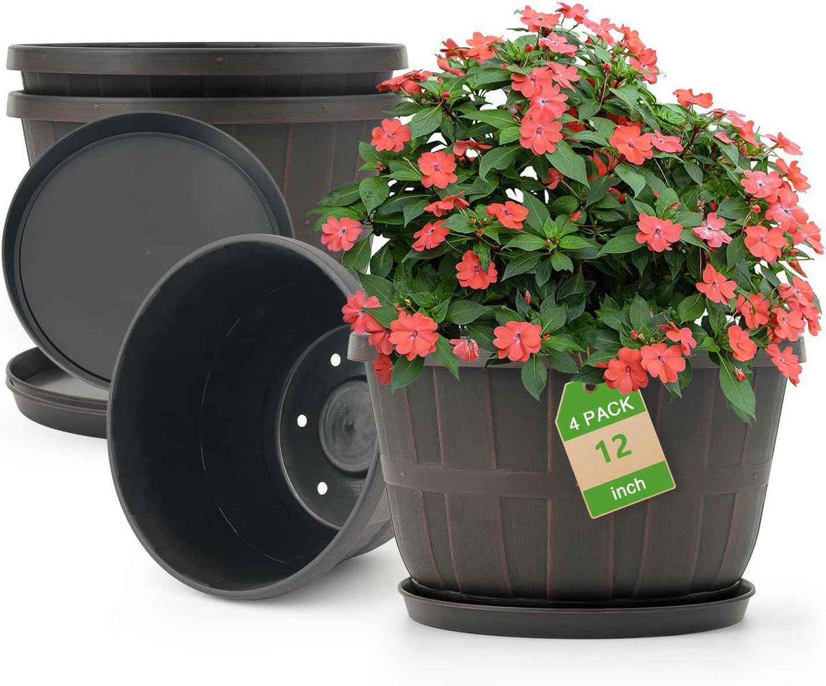 Quarut 12 Inch Large Planter Pot for Plants Indoor Outdoor, 4 Pack Plastic Flower Pots with Drainage Hole & Tray, Modern Decorative Garden Pot with Saucer, Plant Container for House(Brown)