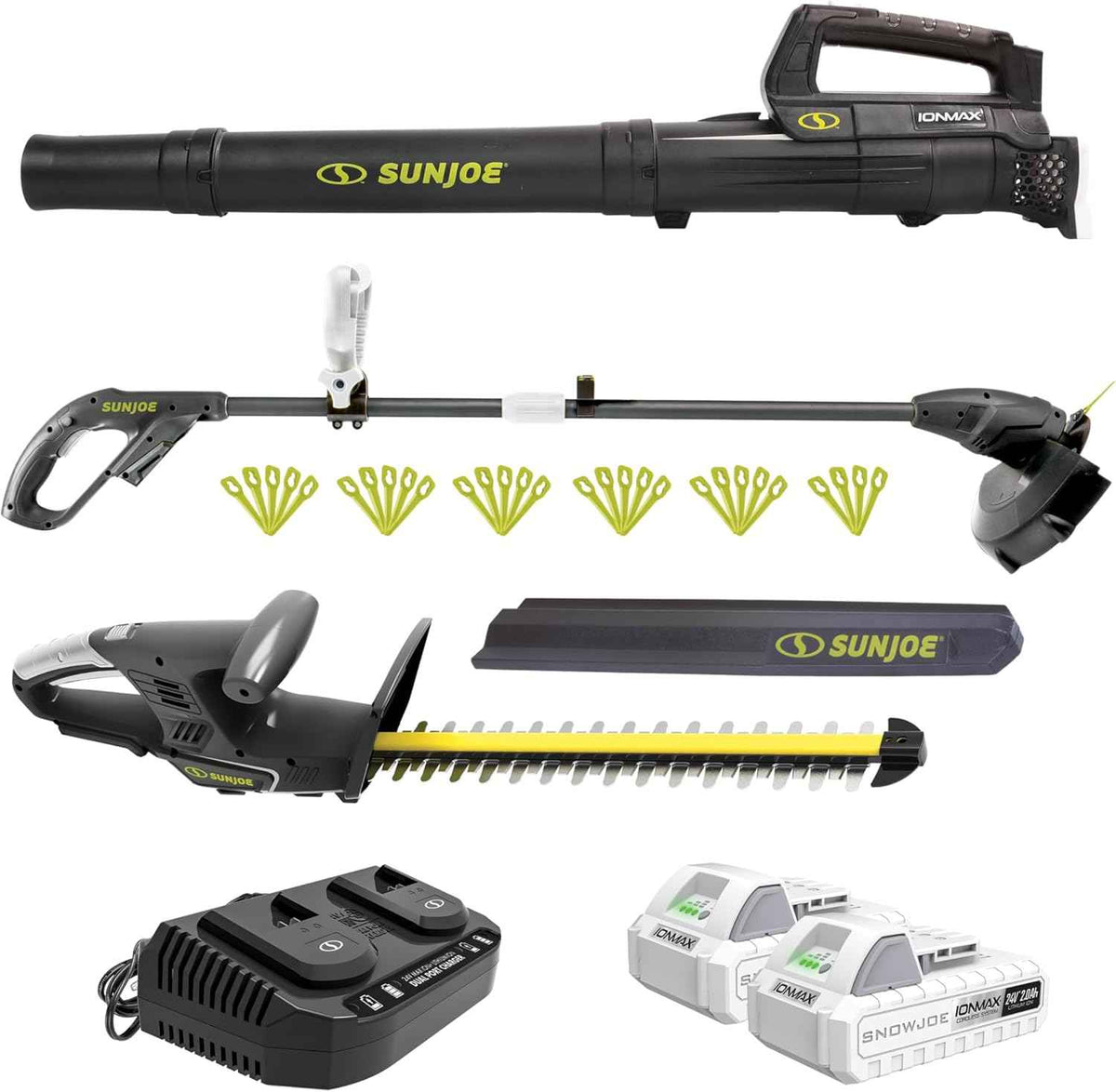 Sun Joe 24V IONMAX Cordless Leaf Blower, Grass and Hedge Trimmer Outdoor Garden Combo Power Tool Kit with Batteries and Charger, 24V-GT4MAX-LTE