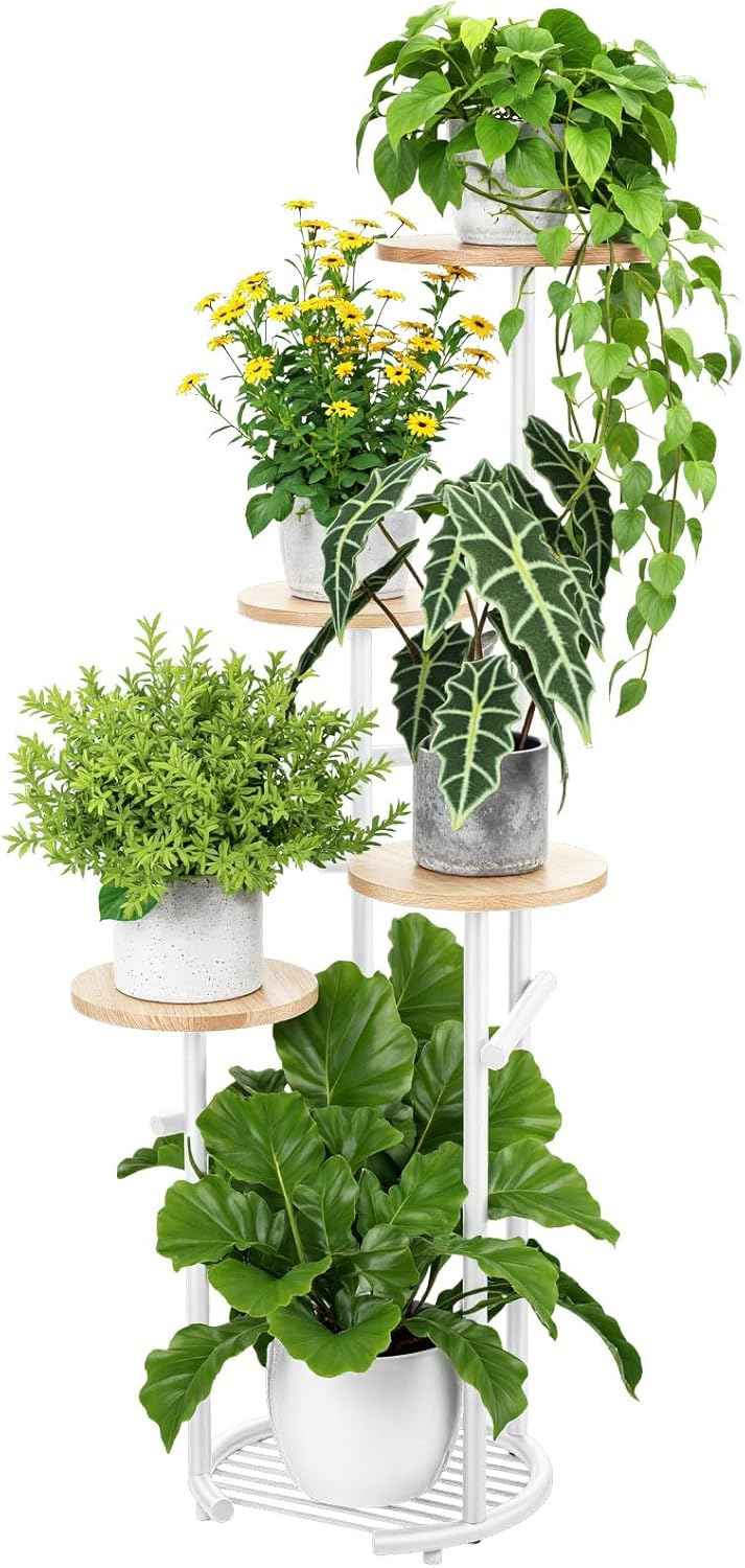 TOSKING 5 Tier Metal Plant Stand Indoor, Plant Shelf, Corner Shelf Flower Pot Stand for Outdoor Plant Stand for Living Room Balcony Garden Patio Bedroom (White and Wood, 42in)
