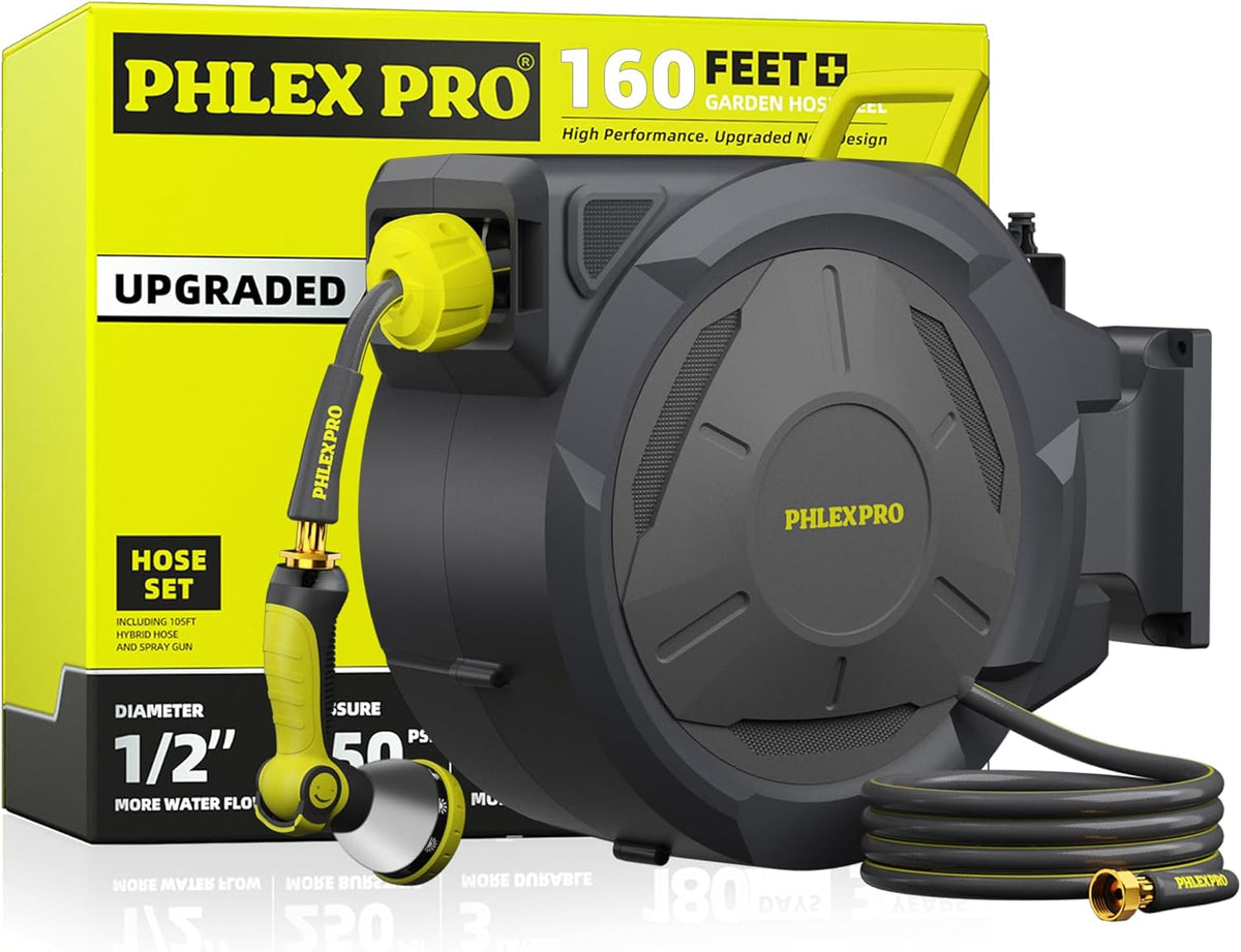 Retractable Garden Hose Reel 160Ft Extra Long, PHLEX PRO Heavy Duty Automatic Water Hose Reel Wall Mounted with 10 Pattern Nozzle, Any Length Lock, Slow Return System, 180ยฐSwivel Bracket