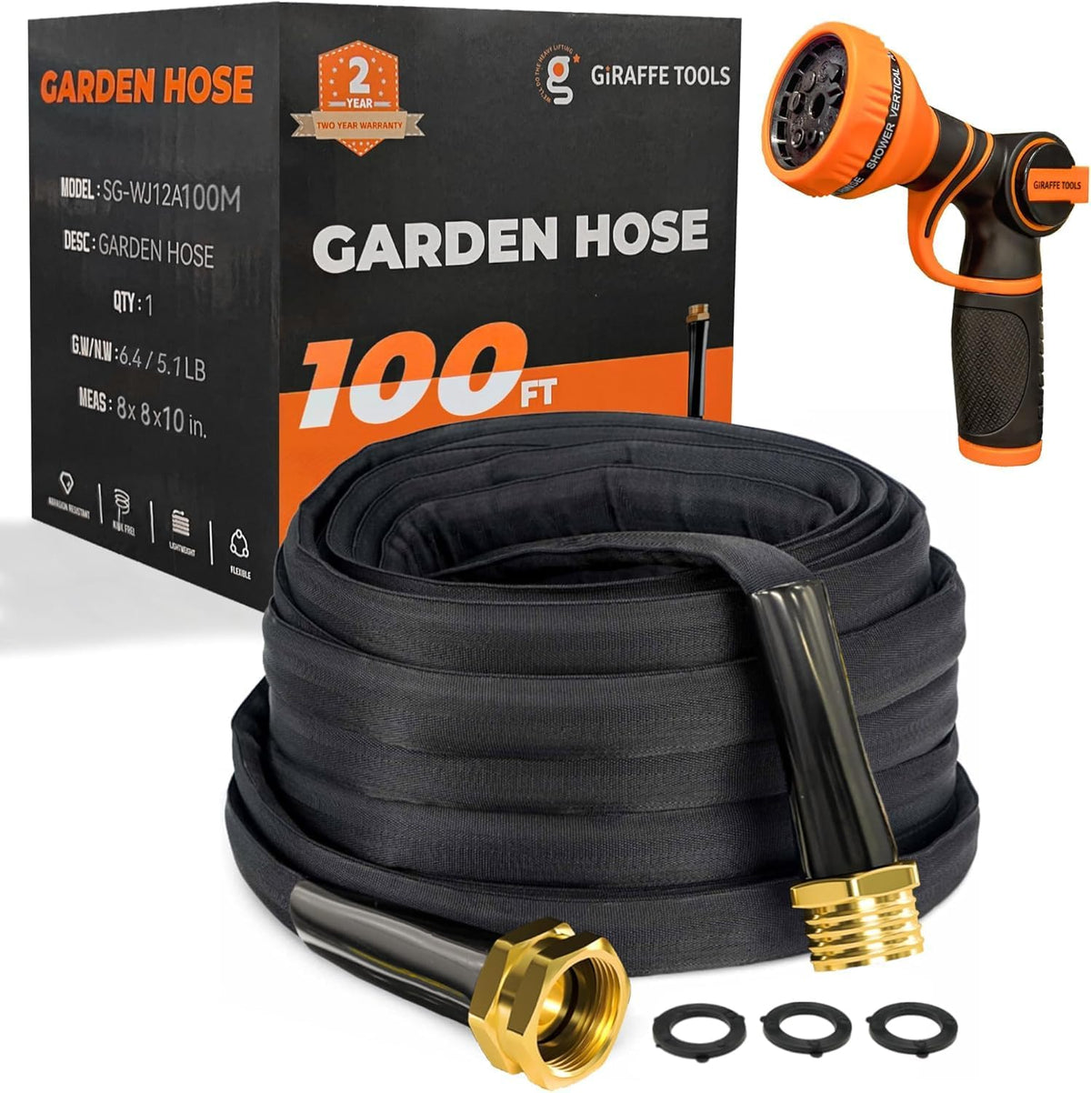Giraffe Tools Garden Hose 100FT Lightweight Lay Flat Water Hose Kink Free Flexible Hose with 9 Spray Function Nozzle(Black)