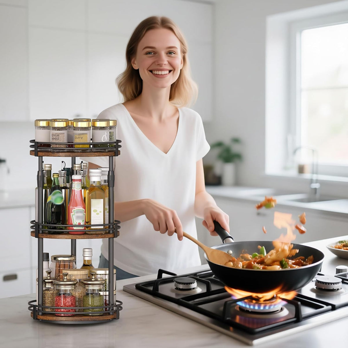 Across-Star Lazy-Susan-Organizer-Spice-Rack, 3-Tier Rotating Spice Organizer For Cabinet Pantry, Seasoning Holder Shelf With Adjustable Height, Kitchen Counter Shelf Countertop Organzier - Field & Nook
