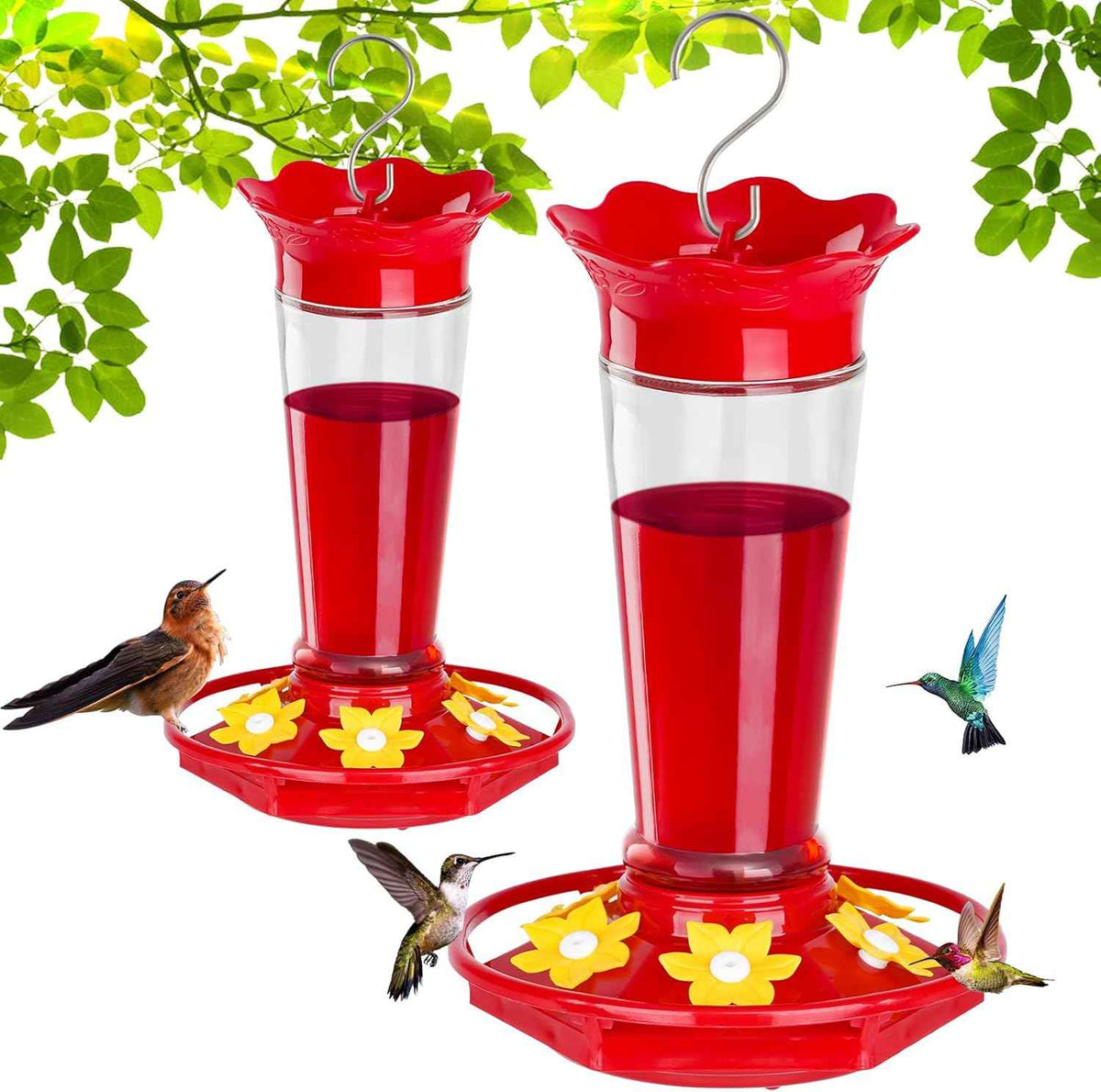 Glass Hummingbird Feeders for Outdoors Hanging Ant and Bee Proof Clear 10 OZ 2 Pack Bird Feeders for Outside Hanging 6 Feeding Stations Bird Nectar Feeder for Garden Yard Dรฉcor Gifts for Mom