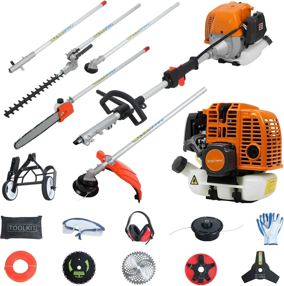 Upgraded 8-in-1 Multi-Functional Trimming Tool - 52cc 2-Cycle Gas Powered Hedge Trimmer | 9500rpm High Power Gas String Trimmer Weed Eater | High-Performance Engine | for Home Yard Garden-Orange