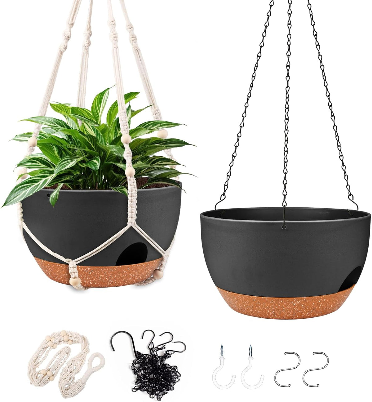 Hanging Planters for Outdoor Indoor Plants, 2 Pack 12 Inch Hanging Basket Plants Outdoor, Self Watering Hanging Planter with Plant Hanger for Garden Home Decoration (2 Type Plant Hangers Black)