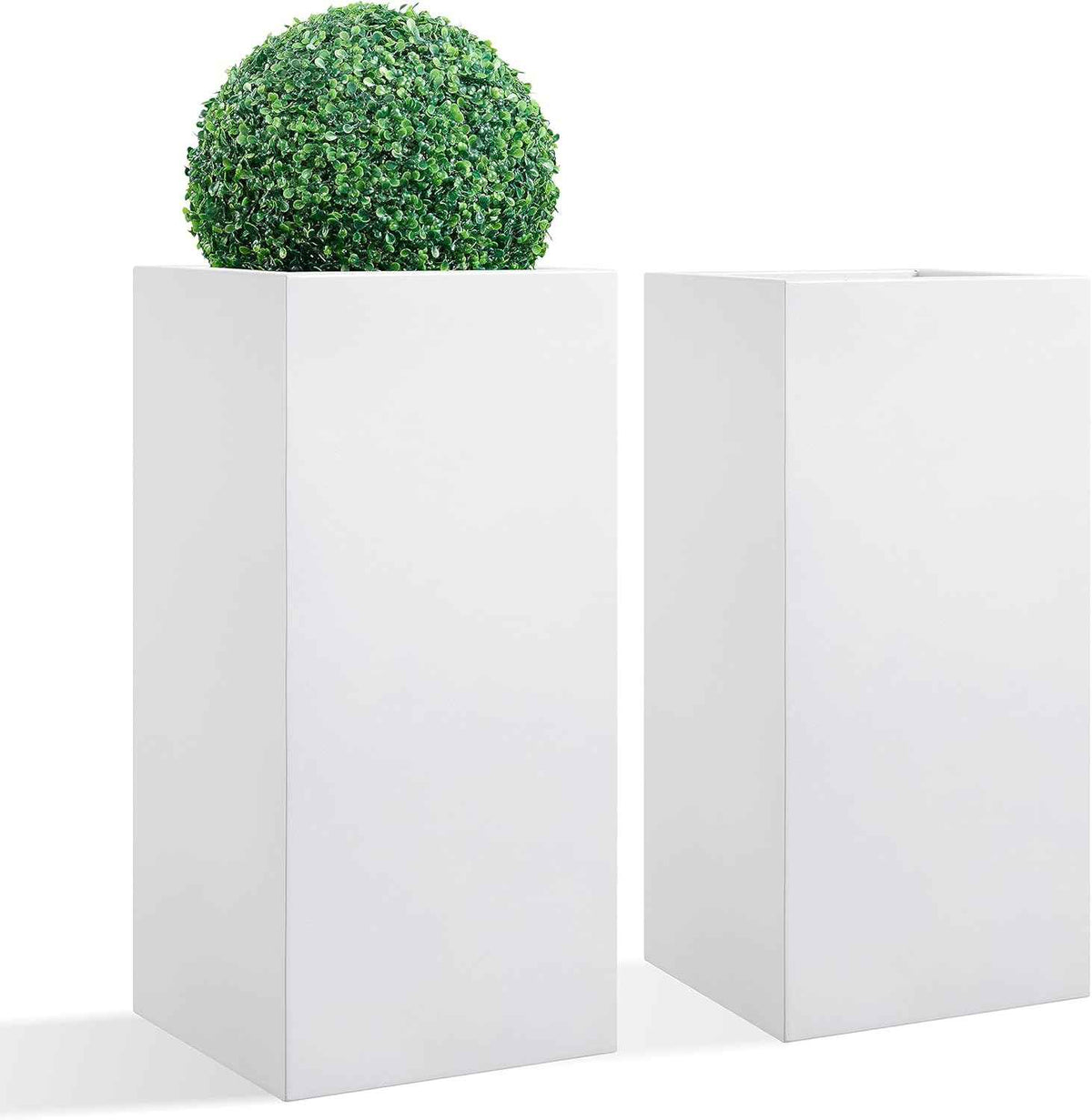 Metallic Heavy Tall Outdoor/Indoor Planter Box, Seamless Metal Planter, Rectangular, 14”Lx14”Wx30”H, 25 Pounds Each, Pure White, No Assembly and Seamless, Set of 2