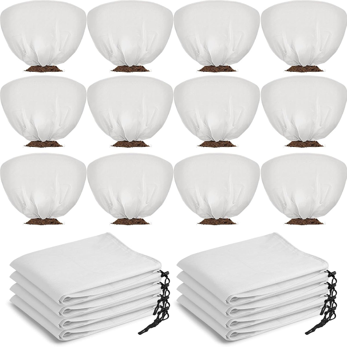 12 Pcs Winter Plant Covers Freeze Protection 39.4x23.6 Inch Horizontal Shrub Tree Rose Plant Protection Bags Frost Blanket with Drawstring for Fall Winter Outdoor Garden Planting (White)