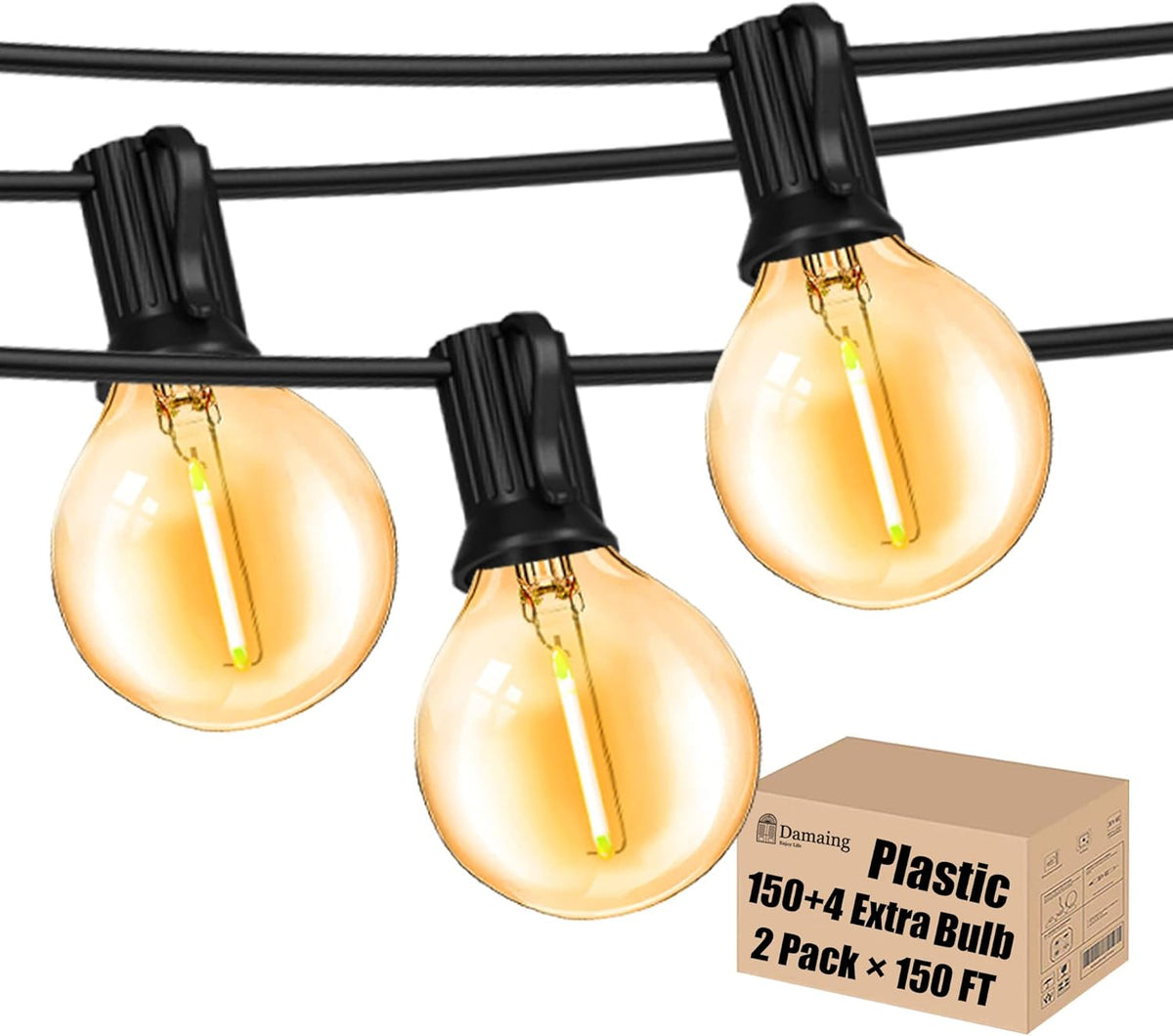 Outdoor String Lights 300FT Waterproof Globe String Lights with 150+4 Shatterproof G40 LED Bulbs,Dimmable Connectable Patio Lights String for Hanging Bistro Backyard Gazebo,2-Pack x 150 FT