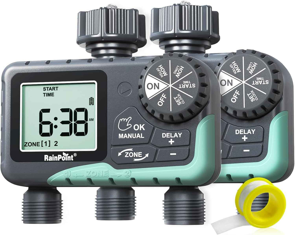 RAINPOINT 2 Zone Sprinkler Timer - 2pcs Water Timer for Garden Hose with Rain Delay/Manual Watering/Automatic Irrigation for Yard Lawn