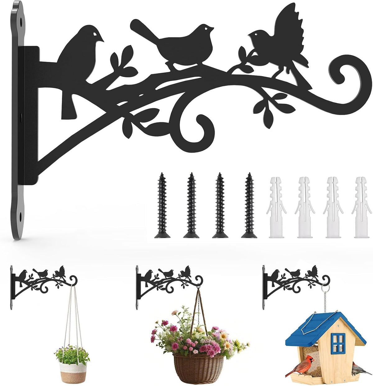 Metal Hanging Plant Bracket with Birdie Pattern 2 Pack – Heavy Duty Plant Hooks for Hanging Flower Baskets,Plants, Bird Feeder, Wind Chime - Indoor/Outdoor Use,Black Matte Texture (12 in)
