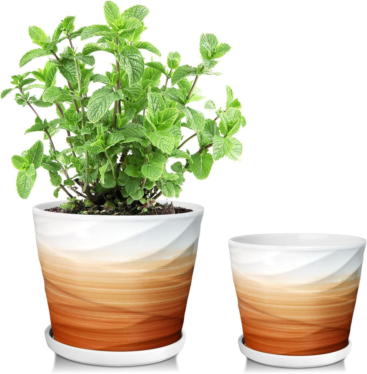 6.7 + 5.5 Inch Plant Pot, Ceramic Planter with Drainage and Saucer,Ceramic Pots for Plants, Indoor Plant pots,planters for Indoor Plants(Khaki + White)