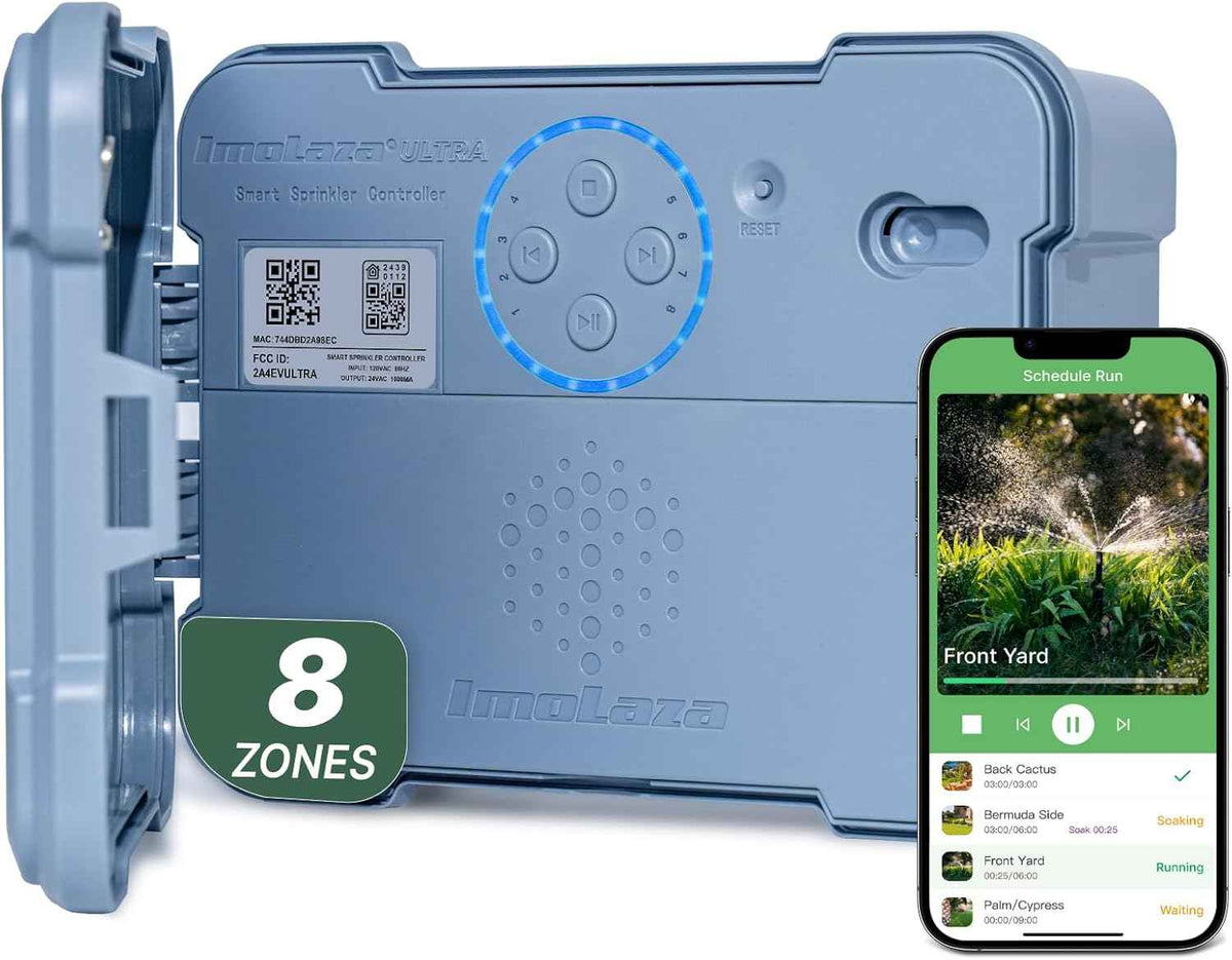 ImoLaza Outdoor Smart Sprinkler Controller, 8-Zone WiFi Irrigation Controller with Hyper-Local Weather, App Remote Control, Works w/ Alexa, Auto Watering, Rain/Freeze/Wind Skip, Smart Fault Detection