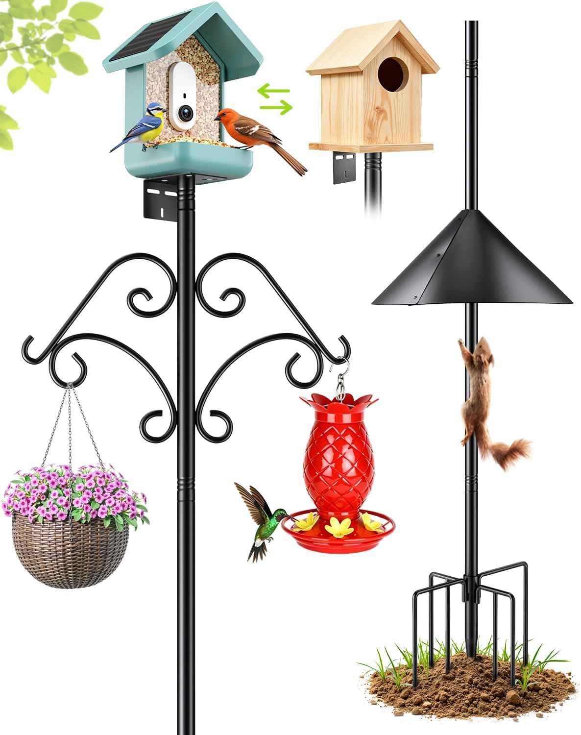 92 Inch Squirrel Proof Bird Feeder Pole with Baffle, 7-Prong Base Heavy Duty Bird House Pole with Shepherd Hooks for Outdoors Adjustable Yard Bird Feeding Station for Hanging Camera Bird Feeders Plant