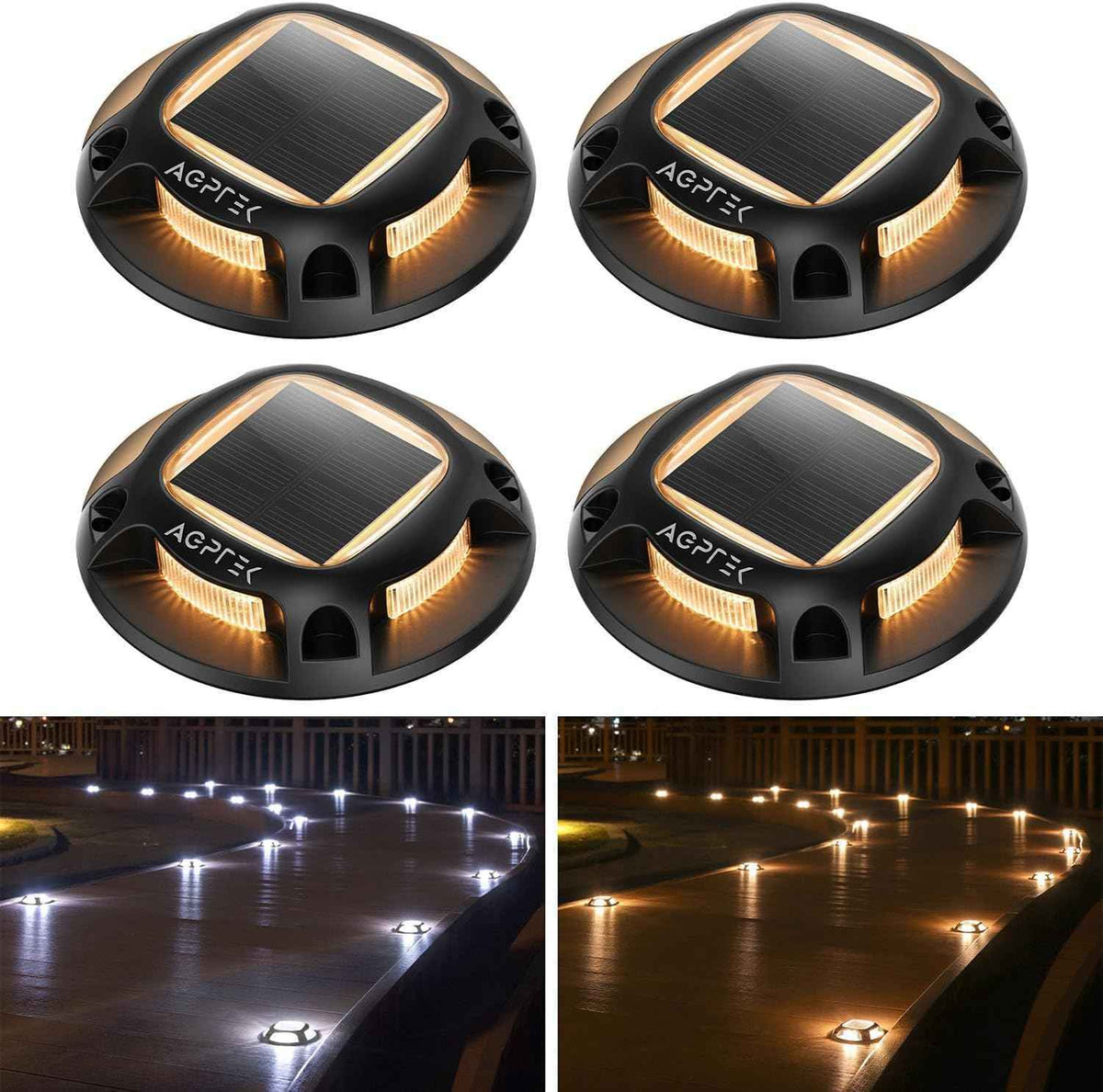 AGPTEK Solar Driveway Lights Outdoor 4 Pack, 2 Color Modes LED Deck Dock Marine Waterproof Driveway Marker Lights for Step Sidewalk Stair Garden Pathway Walkway Yard (Warm White/Cool White, Black)
