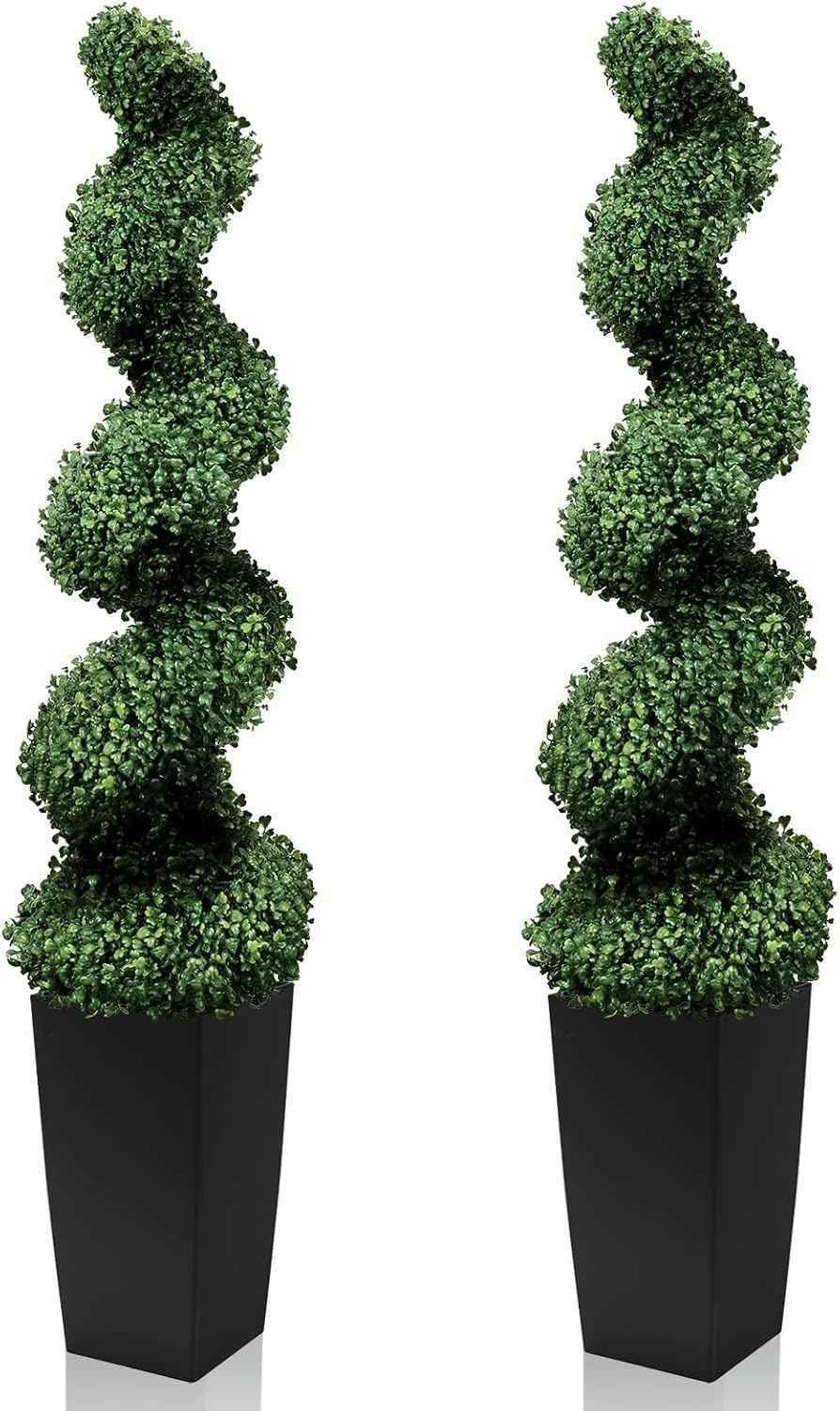 Mavis's Diary 5FT Artificial Spiral Topiary Trees, Set of 2 UV Resistant Faux Boxwood Plants in Square Planter, Indoor Outdoor Fake Shrubs for Front Porch, Entryway, Patio, Home Decor