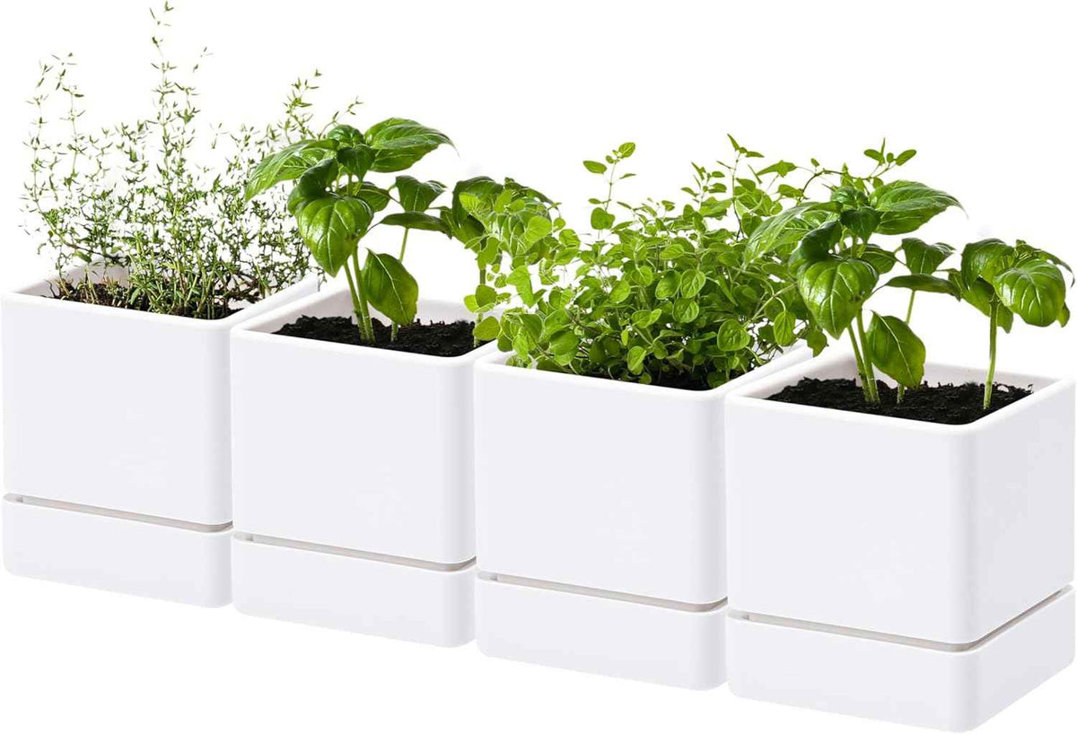 4 Inch Herb Planter Pot, Plastic Planter with Drainage Holes and Saucer, Modern Decorative Gardening Pot for Indoor Plants, Flowers, Herbs, Succulents, White, Set of 4, 76-Y-A-4