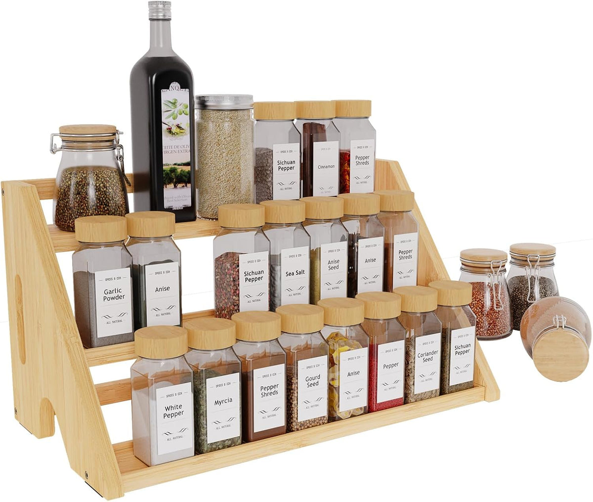 Bamboo Spice Rack Organizer -3-Tier Spice Rack for Countertop,Cabinet Spice Rack Organizer for 24 Spice Jars(4oz),Step Shelf (yellow) - Field & Nook