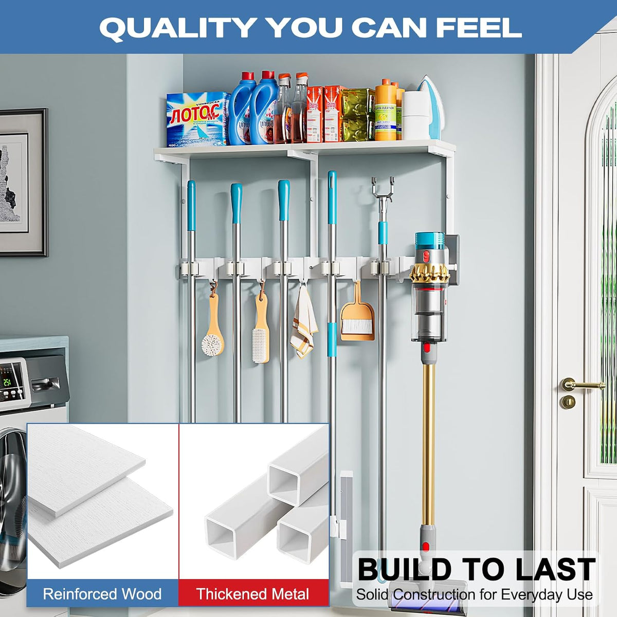 Broom Holder Wall Mount with Cleaning Supplies Organizer - Field & Nook