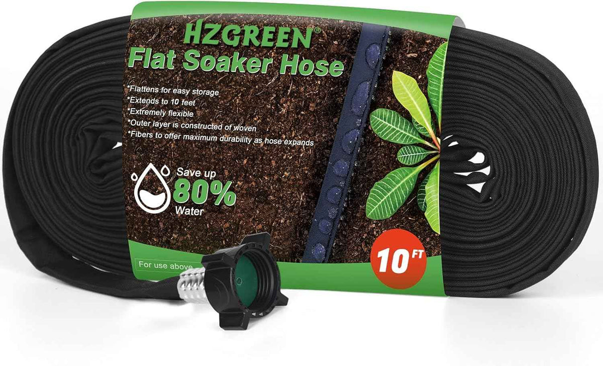 Flat Soaker Hose 10 FT,Drip Hose for Garden Beds Linkable Irrigation System Lightweight and Easy Watering for Tree Plant and Save 80% Water for You (10FT)