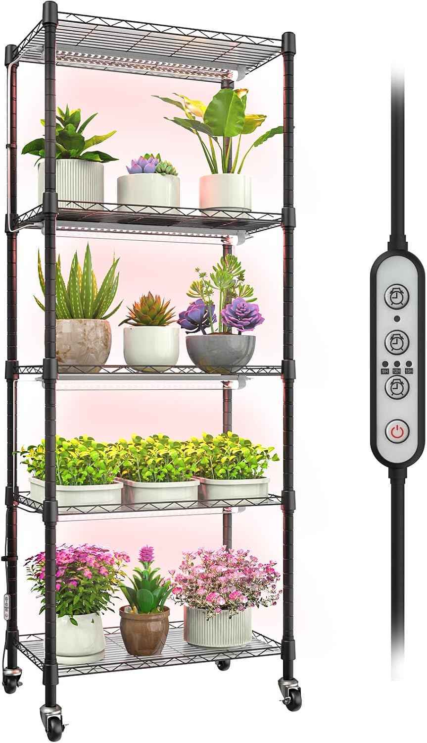 Plant shelf with grow light, 5-Tier metal Plant Stand with 4-Pack 72W Full Spectrum Grow Lights, Auto Timer,Ladder Flower Pot Stand indoor 23.2" L x 13.4" W x 61.4" H
