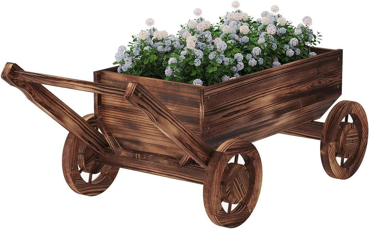 Wooden Flower Cart with Wheels Wooden Wagon Planter Outdoor Garden Planter Decor Planter for Patio Balcony Trolley Decoration Succulent Flower Pot, Indoor Backyard Balcon Decor.(L)