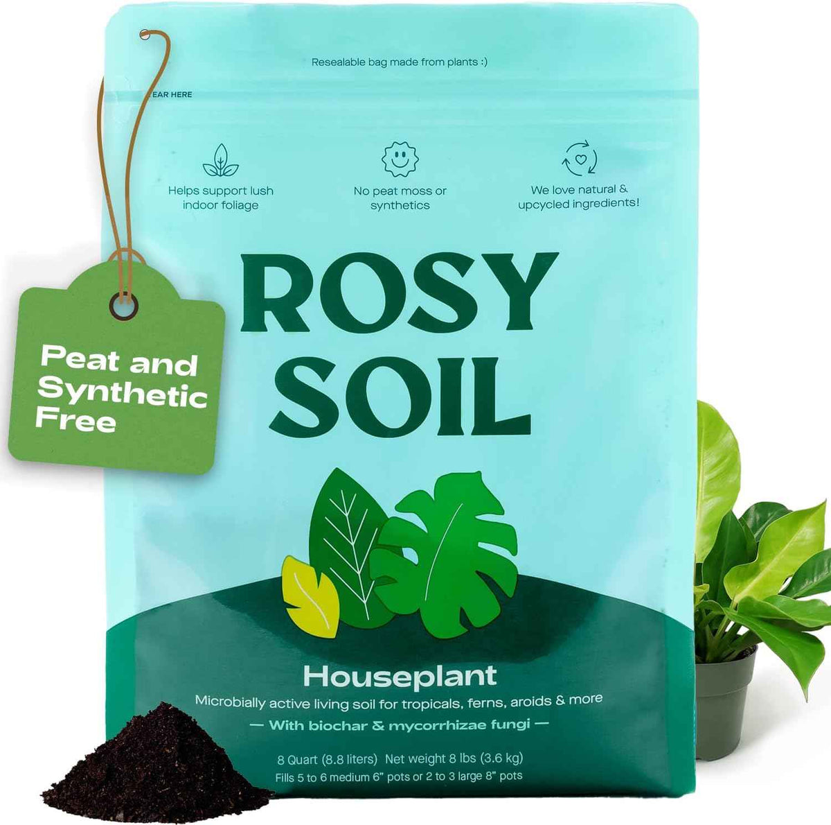 Rosy Soil Indoor Potting Soil for House Plants - Organic Potting Soil Mix for Indoor Plants - Enriched w/Root-Boosting Biochar for Foliage Plants, Flowers, Herbs - Peat Free, Less Prone to Gnats - 8qt