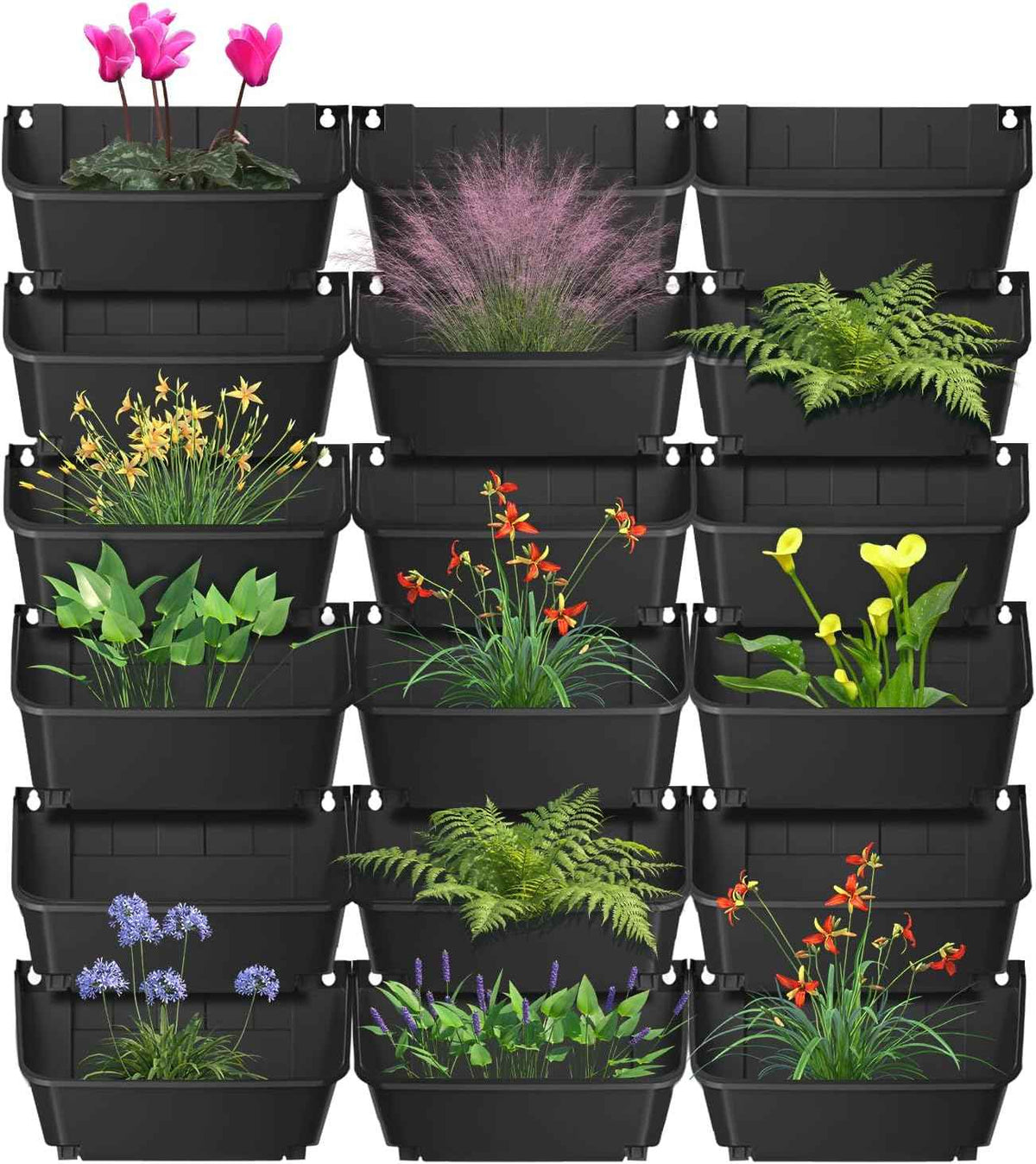 18 Pack Self Watering Wall Mounted Planter, Indoor and Outdoor Vertical Planter Wall Mounted Planter for Patio Outdoor Decor with Drainage Holes, Vertical Garden Planters for Indoor Plants- Black