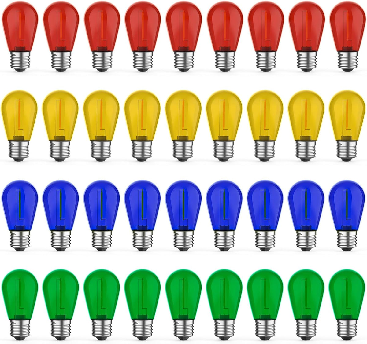 36 Pack LED S14 Colored Light Bulbs for Outdoor String Lights, Shatterproof 1W Replacement Bulbs for Party Lights, 2200K Warm White, Dimmable, E26 Base, Multi-Color: Red/Green/Blue/Orange