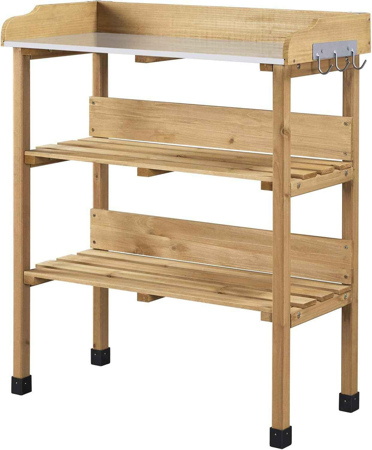 Topeakmart Potting Bench Table w/Metal Tabletop for Garden, Fir Wood Workstation w/3 Tier Shelves, Outdoor Work Bench w/Hook Natural Wood