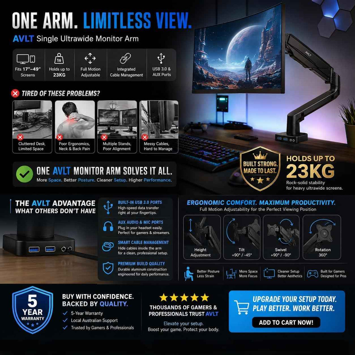 AVLT Single 17"-49" Super Ultrawide Monitor Arm Desk Mount Black | Screens up to 50 lbs Premium Aluminum Stand Adjustable Pneumatic Height Full Motion Swivel Tilt Rotation USB 3.0 & AUX Ports