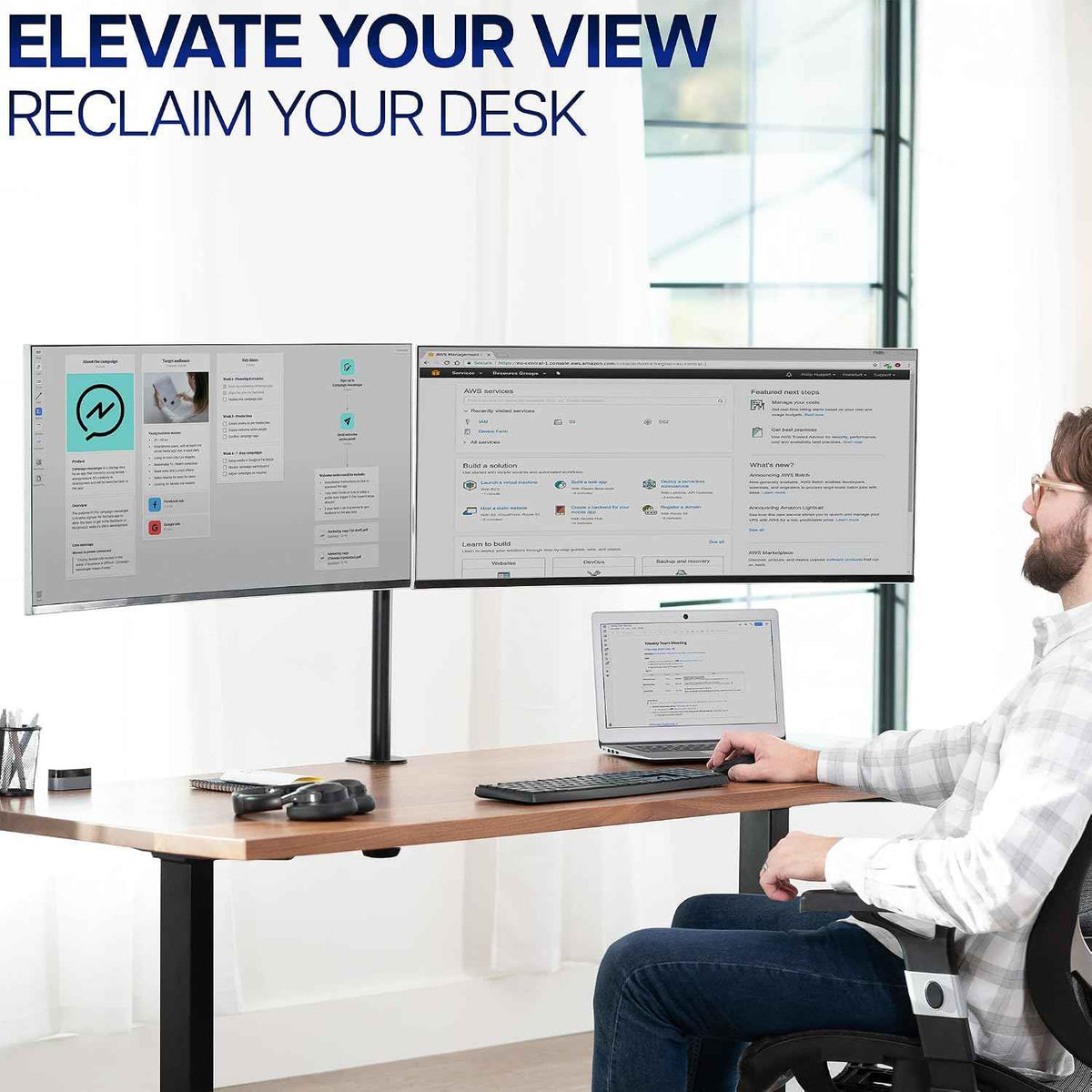 VIVO Dual Ultrawide Monitor Desk Mount, Heavy Duty Fully Adjustable Steel Stand, Holds 2 Computer Screens up to 38 inches and Max 22lbs Each, Black, STAND-V038