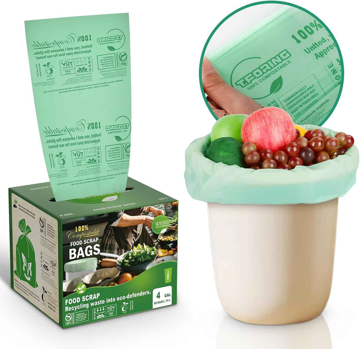Compostable Trash Bags, 3-4 Gallon, 15 L, 80 Count, Extra Thick 0.8 Mil, Small Kitchen Food Scrap Waste Bags, ASTM D6400, US BPI, CMA and Europe OK Compost HOME Certified