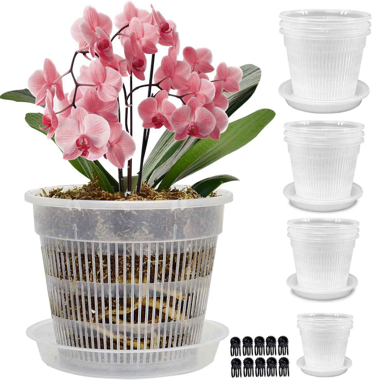 12Pcs Orchid Pot, 3 Each of 4.5, 5.5, 6.3 and 7.5 Inch Orchid Pots with Holes and Saucers, Clear Orchid Pots for Repotting, Plastic Plant Pot(3 Each of 4.5,5.5, 6.3,7.5in with Saucers)