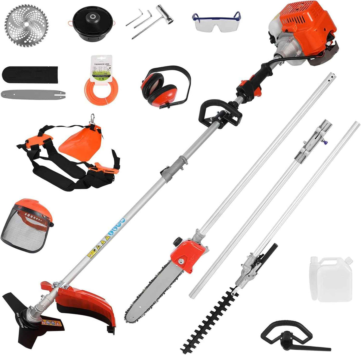 5 in 1Gas Weed Wacker,62cc 2 Stroke Full-Functional Petrol Hedge Trimmer,Gas Weed Eater,Grass Cutter Machine,Straight Shaft Grass Trimmer Cordless for Gardening (Orange)