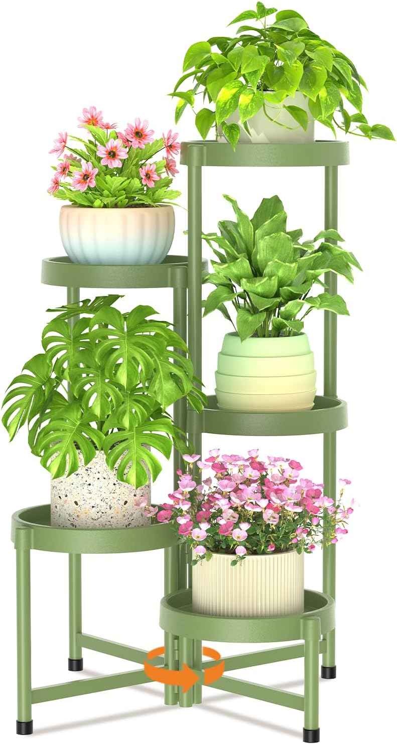 LASZOLA 5 Tiered Folding Plant Stand Indoor for Multiple Large Planter, Tall Heavy Duty Adjustable Rack with Rust Proof Plastic Shelving, Sturdy Vertical Tree Organizer for Narrow Inside Floor, Green