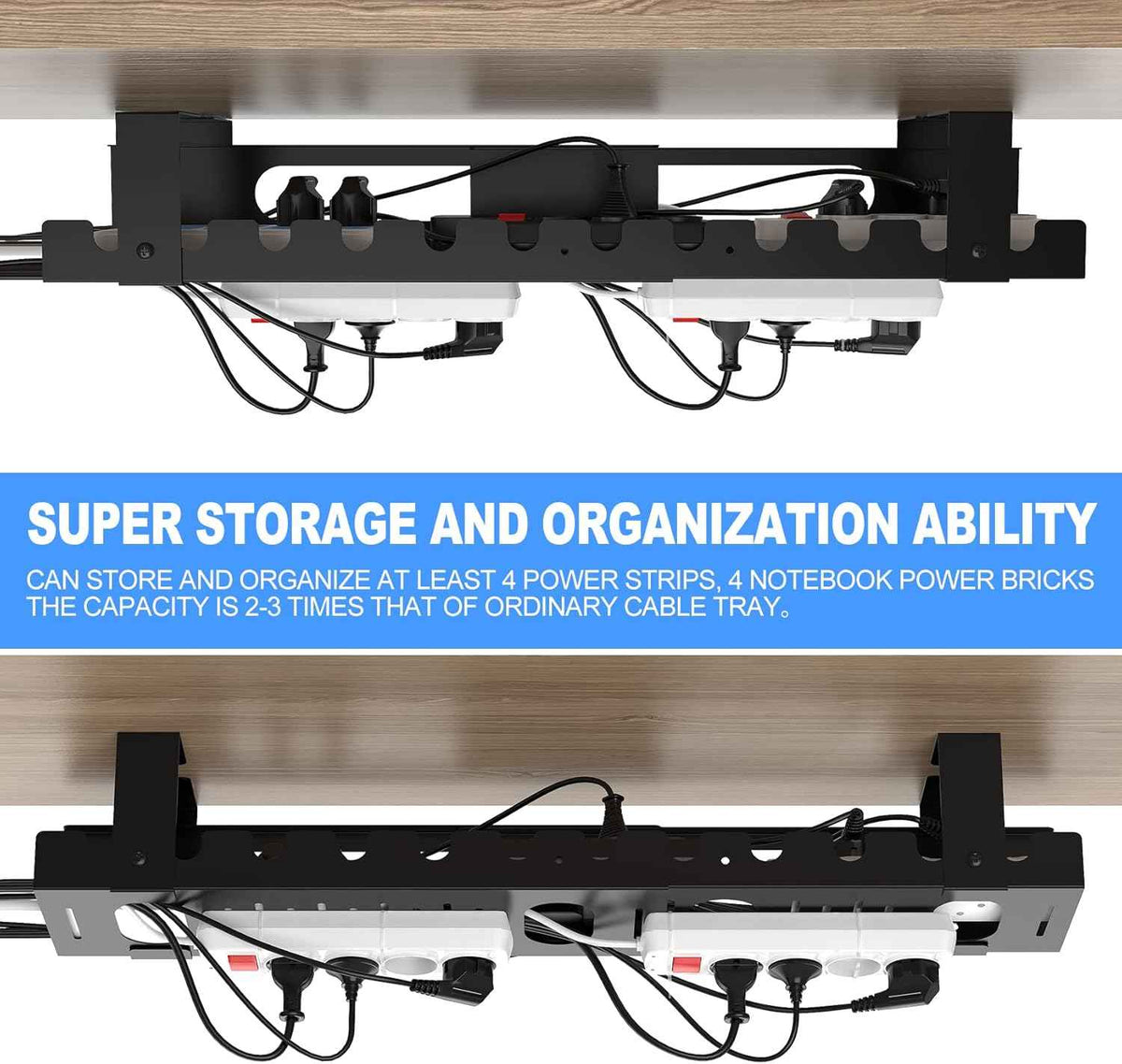 2-Pack Adjustable Under-Desk Cable Trays – Open-Metal Cord and Power-Strip Organizers