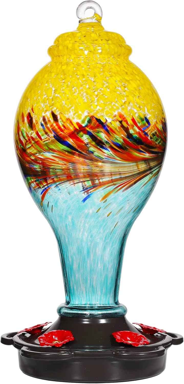 LUJII Hand Blown Glass Hummingbird Feeder for Outdoors with Ant Moat, Leak Proof & Rustproof, 25 fl.oz, Metal Base Cover with 5 Feeding Ports & Perches, Glass Art for Garden Decor (Blue Mixed Yellow)