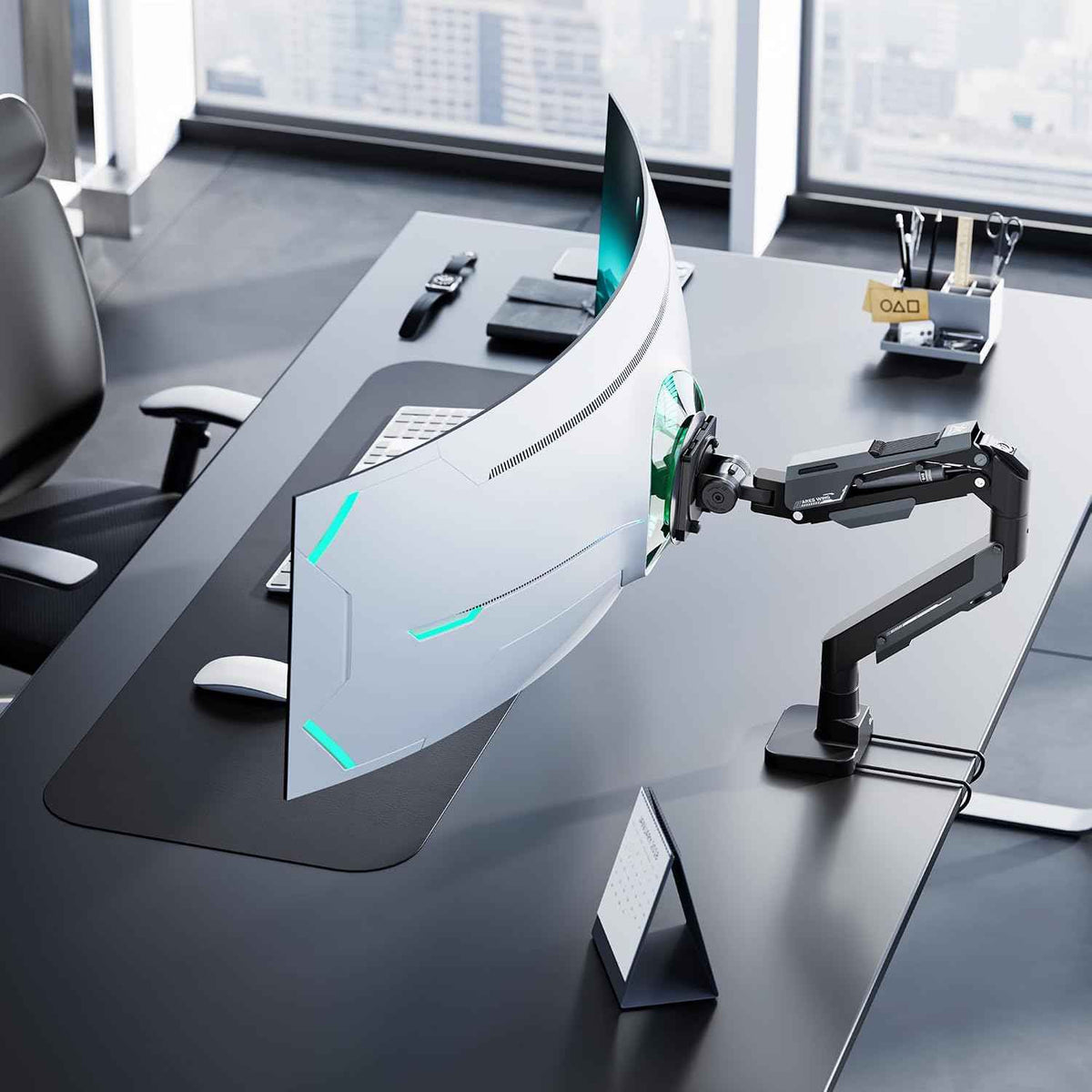 ARES WING Heavy Duty Monitor Arm with USB for 24-57 Inch Screens, Black | Gas Spring Aluminum Monitor Mount for Ultrawide Screens up to 66 lbs with Clamp/Grommet Desk Mount, 75/100/200 Vesa Mount