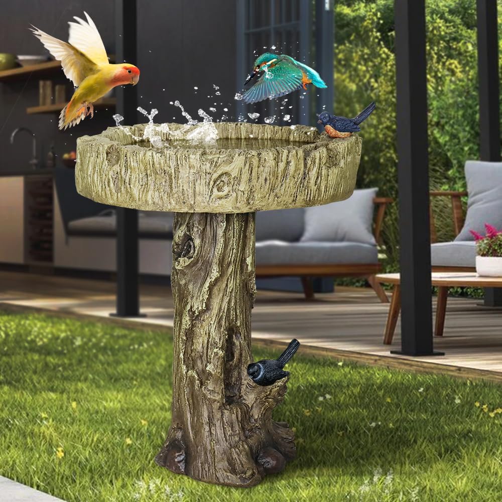 SKYFIRE 24.4” H Fibre Reinforced Concrete Outdoor Garden Bird Bath with Birds, Woodland Tree Trunk Decoration Yard Statue,Pedestal Birdbaths for Outdoors, Garden, Patio, Lawn, Backyard