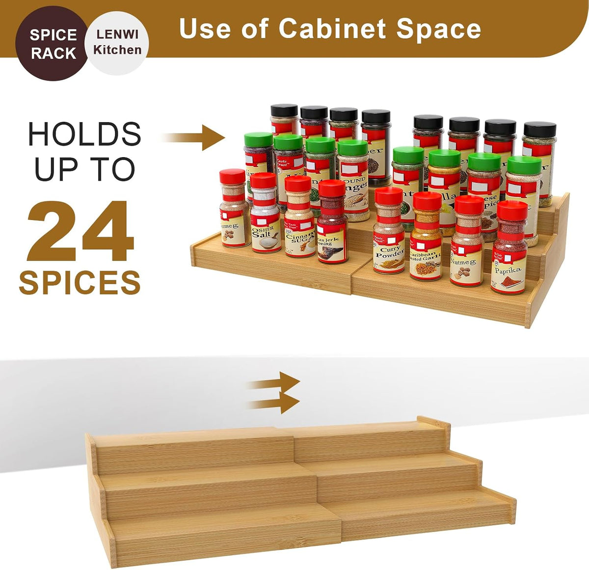 Lenwi Spice Rack Organizer for Cabinet, 3 Tier Expandable Bamboo Spice Storage for Kitchen Cupboard Pantry - Field & Nook