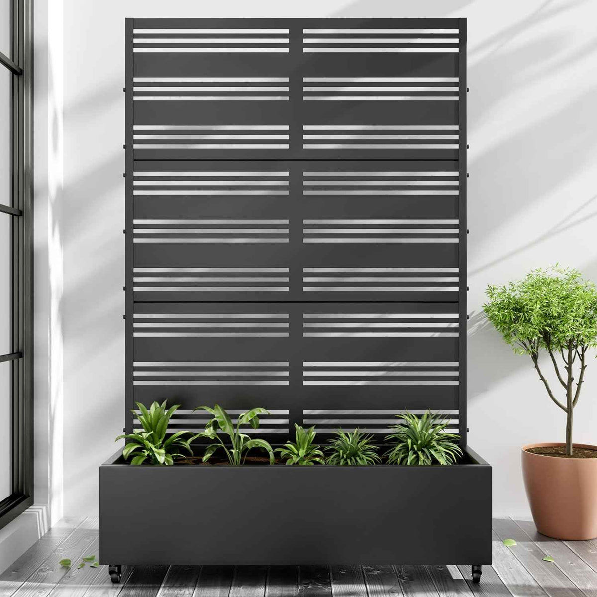 Casaphoria Metal Raised Garden Bed with Trellis and Wheels, 72"x47"x16" Planter Box for Climbing Plants, Vegetables & Vines, Features Drainage Holes and Privacy Screen (Black-Harold)